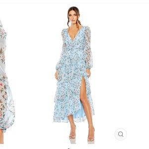 Mac Duggal Floral Print Puff Sleeve Midi Dress